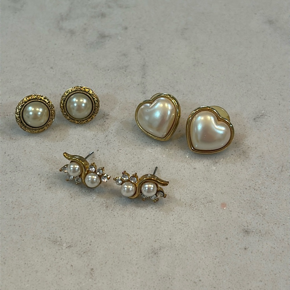 Vintage 80’s 90’s Gold and pearl earring lot - 3 pair - heart round rhinestone